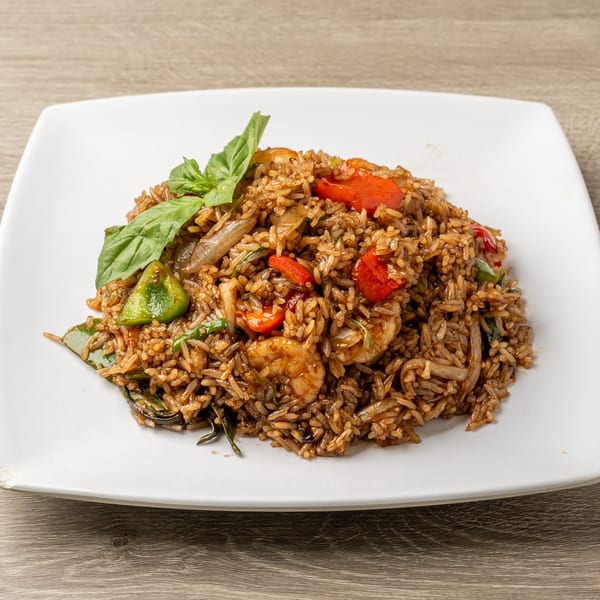 Tasty Thai's shrimp fried rice with red and green bell peppers, onions, and basil.