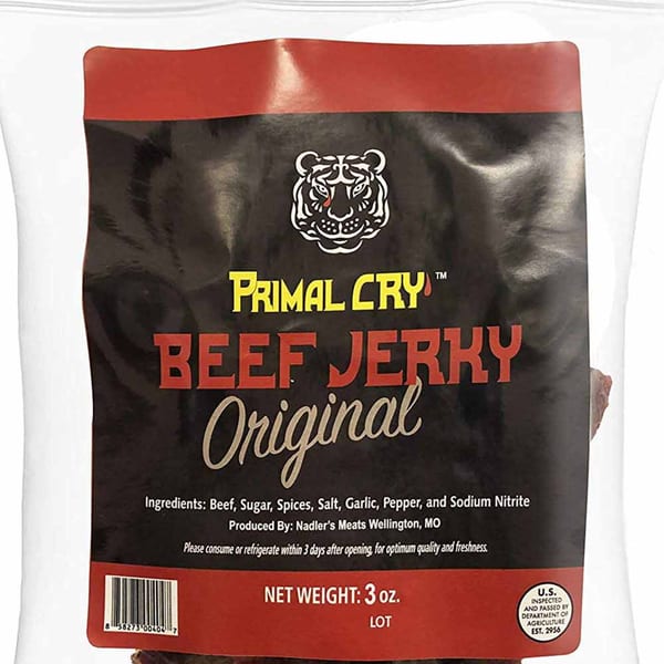 Primal Cry Original Beef Jerky in a black and red package with a tiger logo.